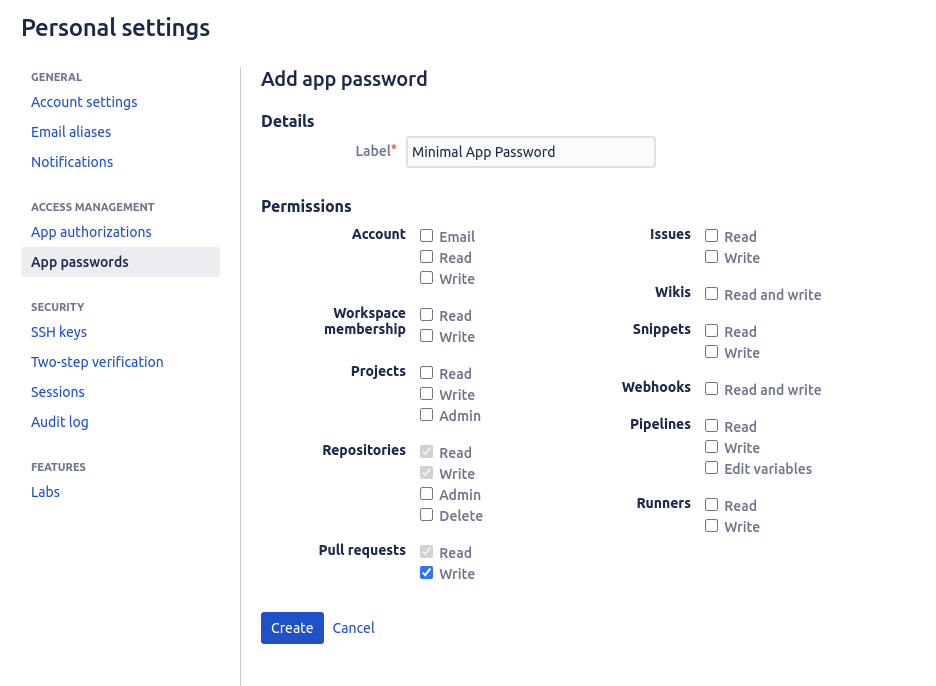 PR write access is checked in the App Password creation screen on Bitbucket